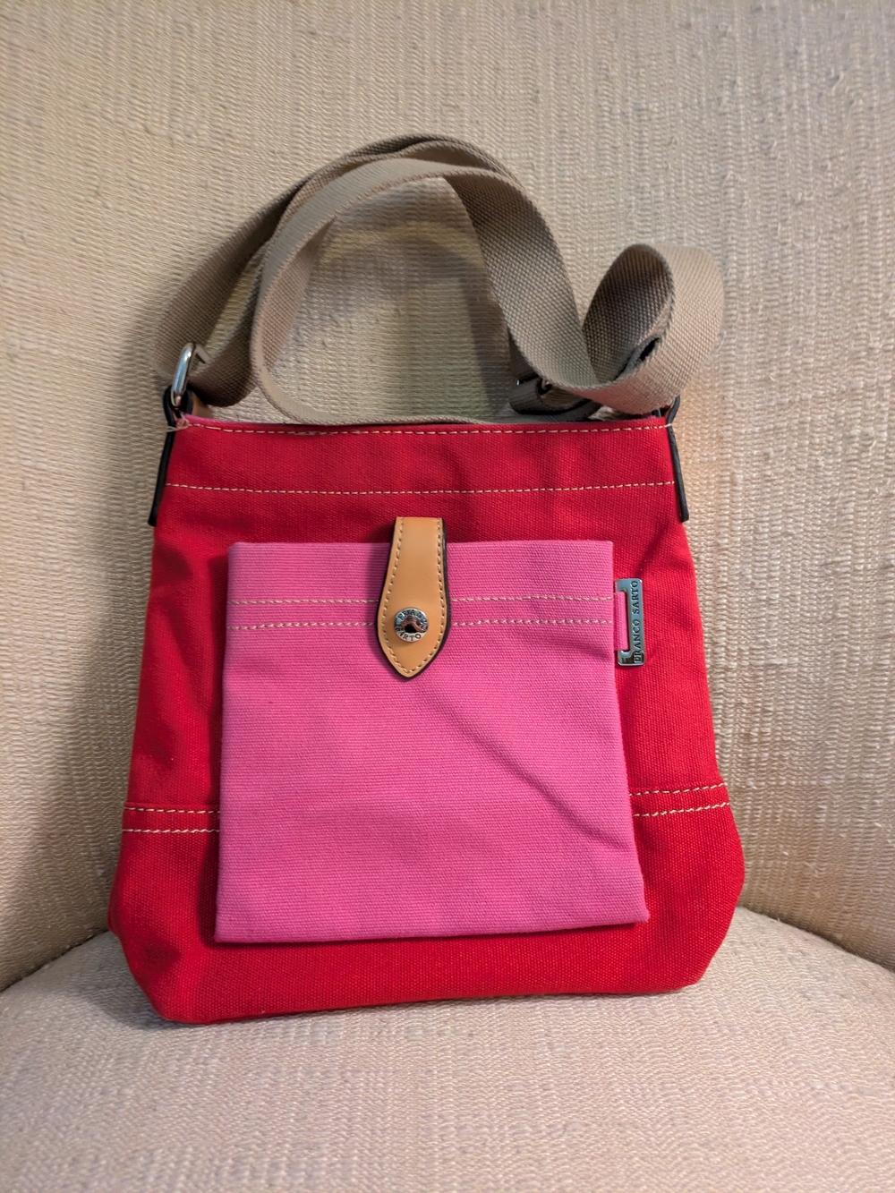 Franco Sarto Red and Pink Canvas Crossbody with Beige Strap